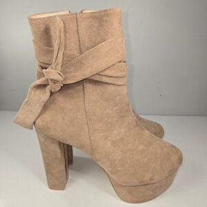 PRICE DROP Tan Suede Foldover Ankle Boots Block Heel Zip Up Women Size 40